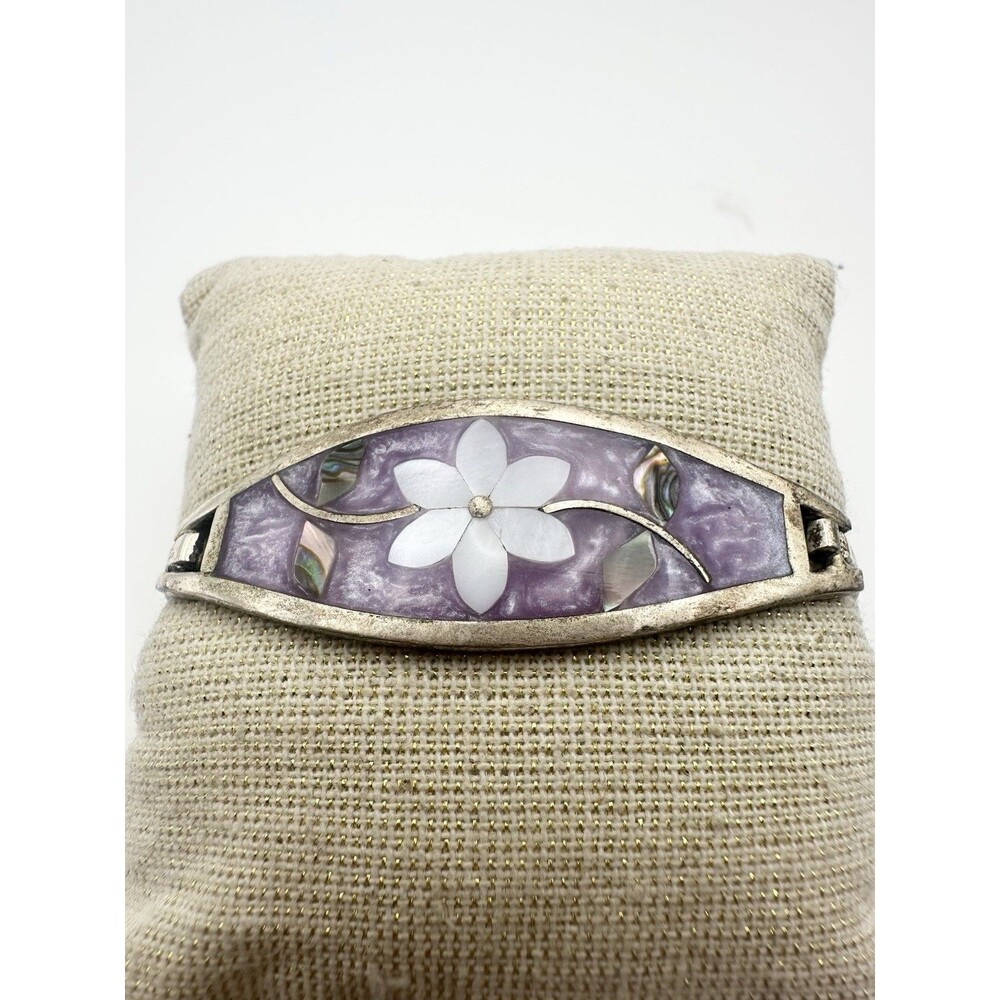 Mexico Mother Of Pearl Inlaid Flower Bracelet Jewelry 7”